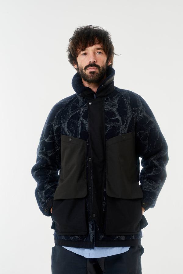 Norbit HNJK-053 Horn Tree Print Wool Boa Jacket-Navy