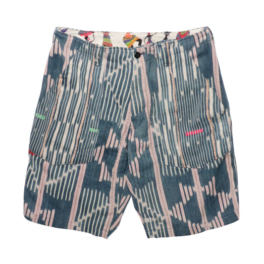 MONITALY M29402 FATIGUE SHORTS -HANDWOVEN AFRICAN INDIGO CLOTH, STRIPE (ONE OF A KIND)