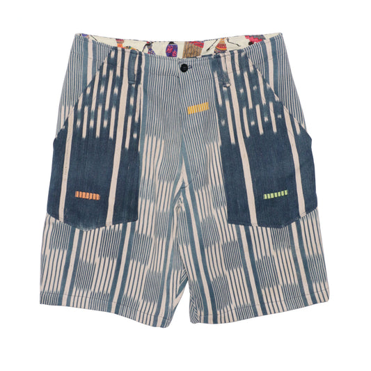 MONITALY M29402 FATIGUE SHORTS -HANDWOVEN AFRICAN INDIGO CLOTH, STRIPE (ONE OF A KIND)