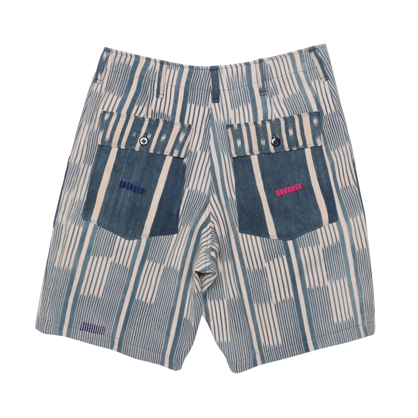 MONITALY M29402 FATIGUE SHORTS -HANDWOVEN AFRICAN INDIGO CLOTH, STRIPE (ONE OF A KIND)